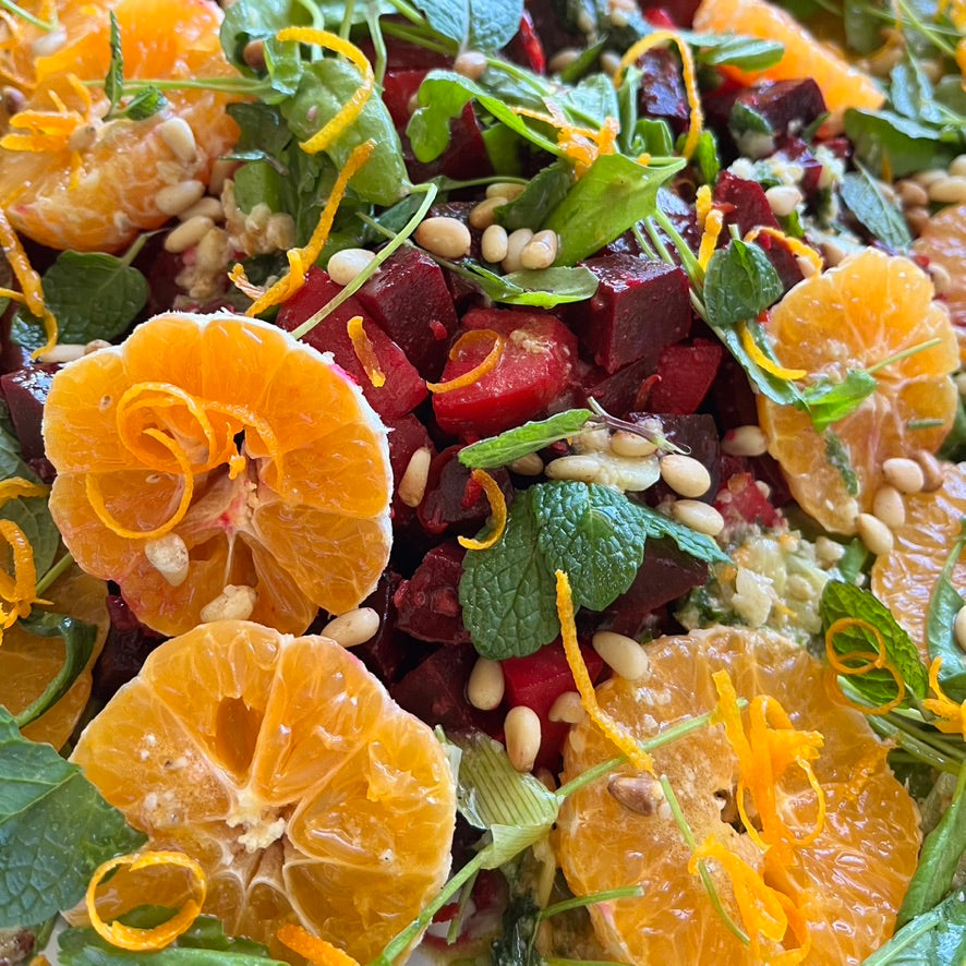 SALAD OF BEETS AND CLEMENTINES WITH PERSIAN CRESS MINT DRESSING, CRUSHED PINENUTS